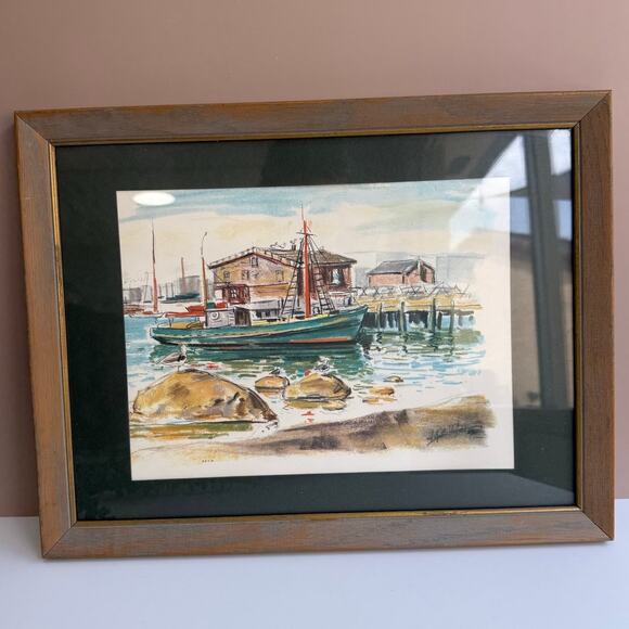 Copied - Vintage A.K. Bilder Framed Boat Harbor Print 1964 Painting Reproduction